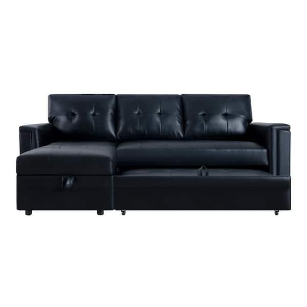 84 in. Straight Arm Air Leather Rectangle Sectional Sofa with USB Ports and Reversible Sleeper in. Black