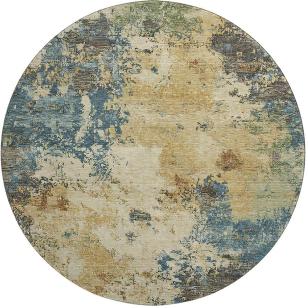 Mayfield Premium Machine Washable Abstract AMF2363 Beige 8 ft. x 8 ft. Round Rug