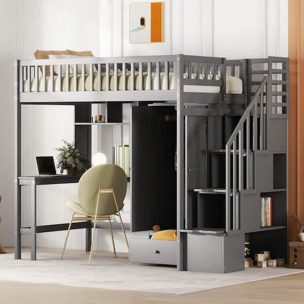 Polibi Twin size Loft Bed with Bookshelf, Drawers, Desk, and Wardrobe-Gray