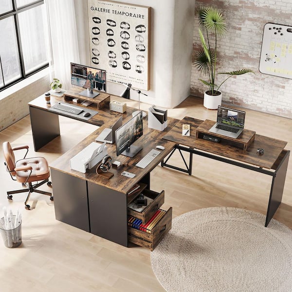 Bestier L Shaped Desk With Drawers, 55.7" X 55" Office Computer Desk With Round Corners, Monitor