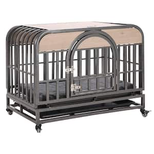 Any 32 in. W Heavy-Duty Dog Crate, Furniture Style Dog Crate Removable Trays and Wheels for High Anxiety Dogs in Gray