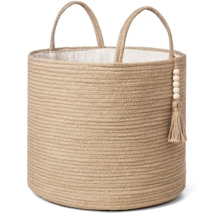 Brown Round Jute Woven Storage Basket with Handles, 16 in x 13.8 in