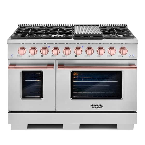 Cosmo 48 in. 5.5 cu. ft. Gas Range with 8 Burners and in Stainless Steel with Rose Gold Custom Handle and Knob Kit