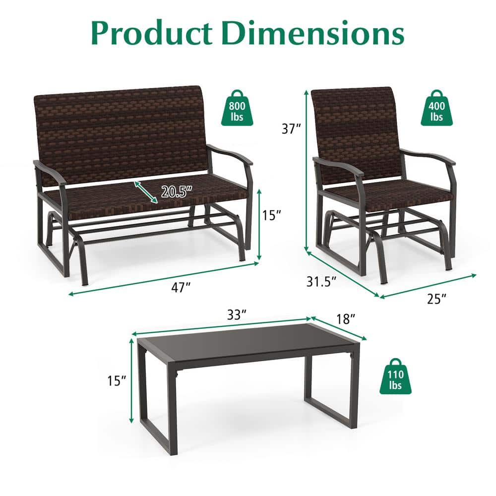Mix Brown PE Rattan 4-Piece Patio Gliding Set with Tempered Glass Coffee Table