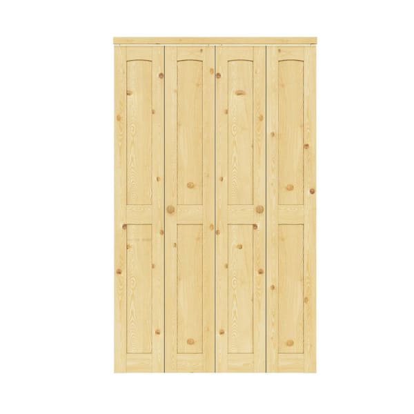 48 in. x 80 in. Arch Panel 2-Lite Solid Core Unfinished Pine Wood Interior Closet Bi-Fold Door with Hardware