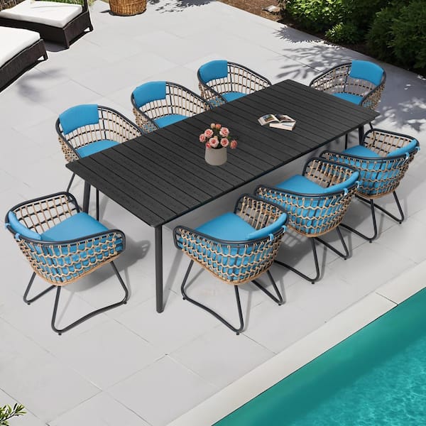 Pellebant 9-Piece Aluminum Wicker Outdoor Dining Set with Blue Cushion and Umbrella Hole