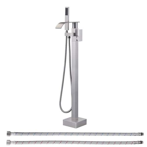 Modern Brass Single-Handle Waterfall Freestanding Floor Mount Tub Faucet with Handheld Showerhead in Brushed Nickel