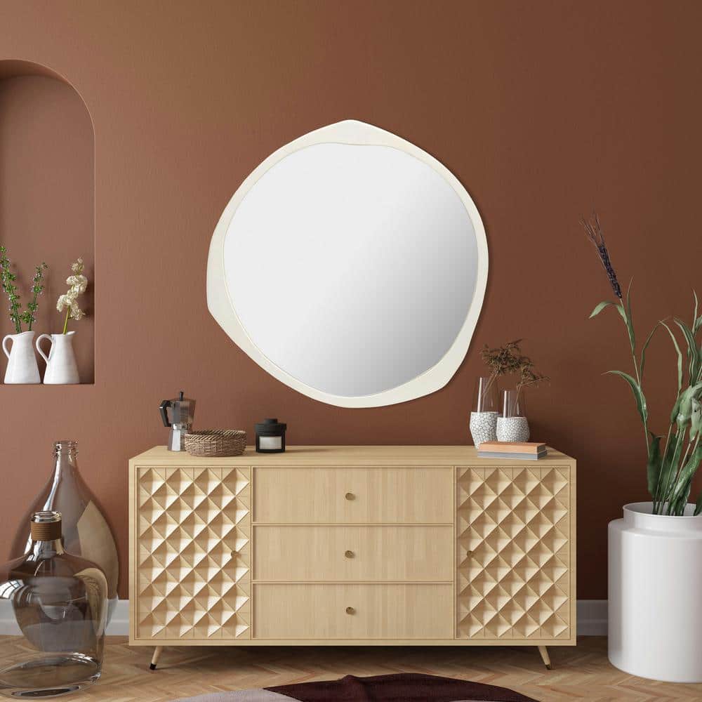 Ivory Round 38" Wood Framed Wall Mirror