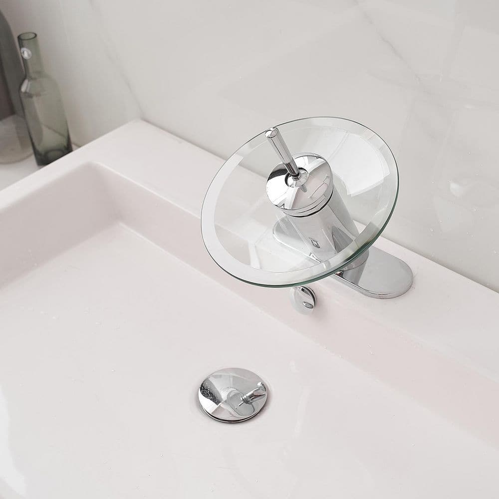 Polished Chrome Single Handle Waterfall Bathroom Faucet with Glass Spout