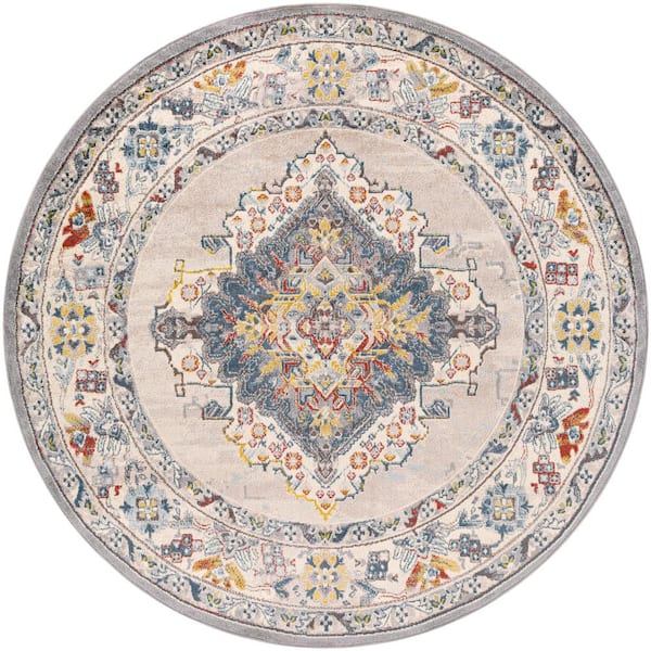 Livabliss Chandi Blue/Orange 7 ft. 10 in. x 7 ft. 10 in. Round Medallion Area Rug