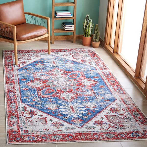 Tucson 3 ft. x 3 ft. Blue/Red Machine Washable Distressed Ornate Border Square Area Rug