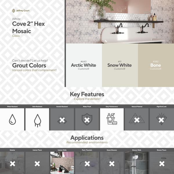 Jeffrey Court Cove 2 in. Hex White 12.375 in. x 10.75 in. Hexagon