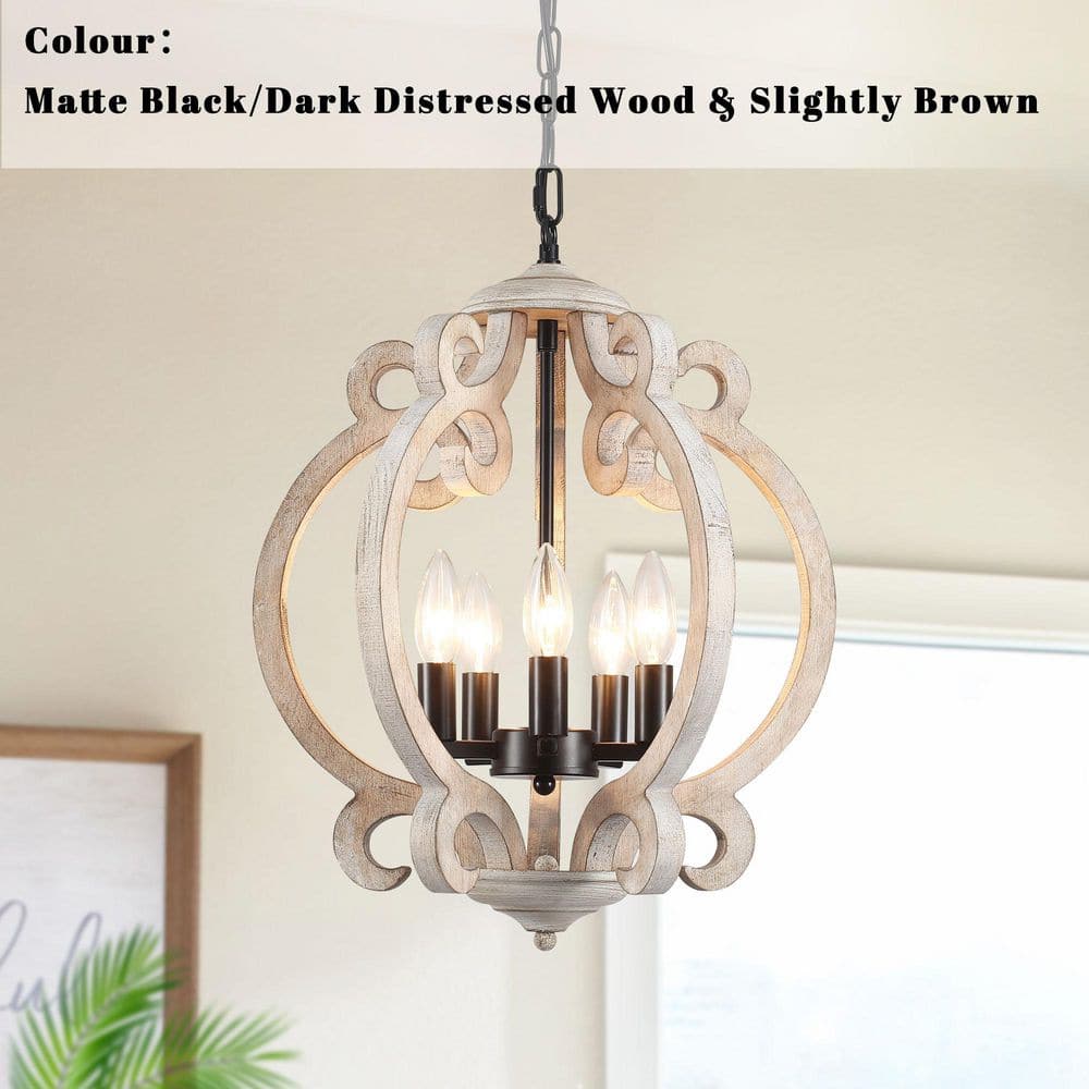 15.74 in. 5-Light Matte Black/Dark Distressed Wood Rustic Farmhouse Geometric Sturdy Wood Kitchen Island Chandelier price history on PriceWatchPro