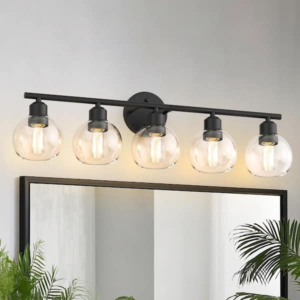 32.67 in. 5-Light Black Vanity Light Fixtures Over Mirror with Clear Globe Glass Shades, Modern Bathroom Wall Sconce