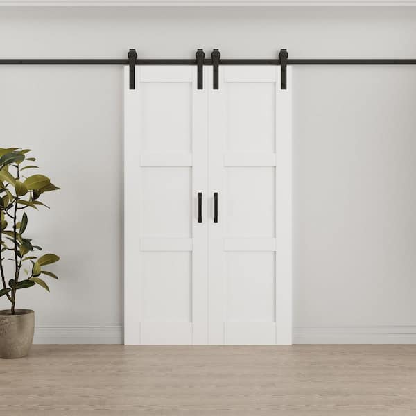 ARK DESIGN 48 in. x 80 in. Paneled 3 Lite White Primed MDF Sliding Barn Door with Hardware Kit