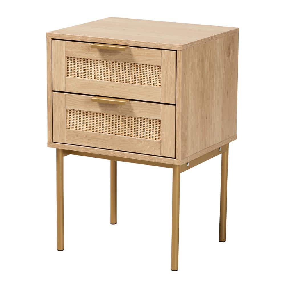 Japandi Light Brown Wood and Gold Metal 2-Drawer End Table with Rattan Fronts