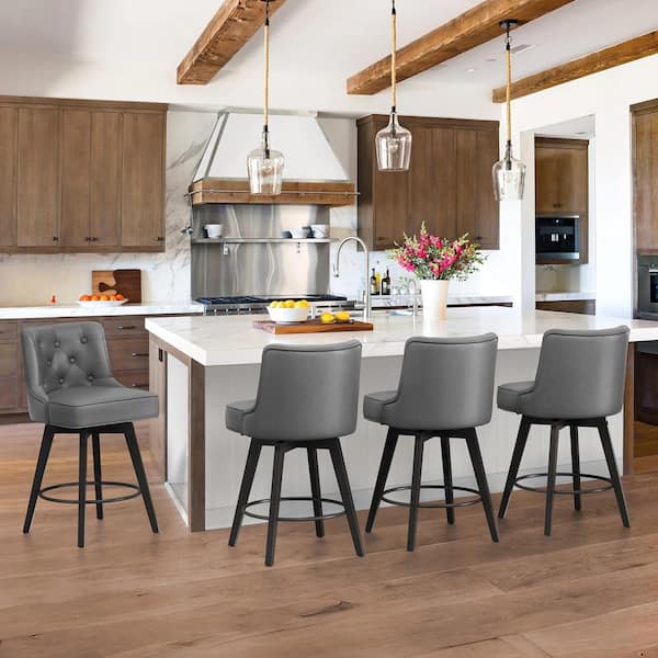 cozyman Roman 26.5 in. Dark Gray Faux Leather Solid Wood Leg Counter Height Swivel Bar Stool With Back（Set of 4）