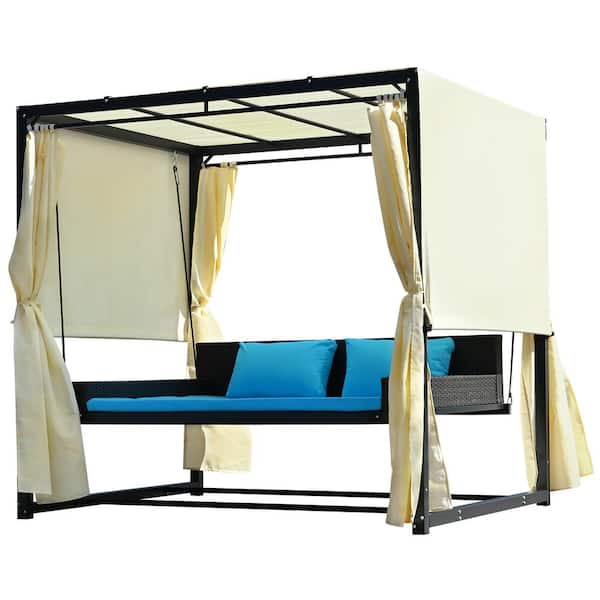 Anvil 2-Person to 3-Person Blue Metal Outdoor Patio Swing Bed with Adjustable Curtain for Balconies, Gardens and Other Places
