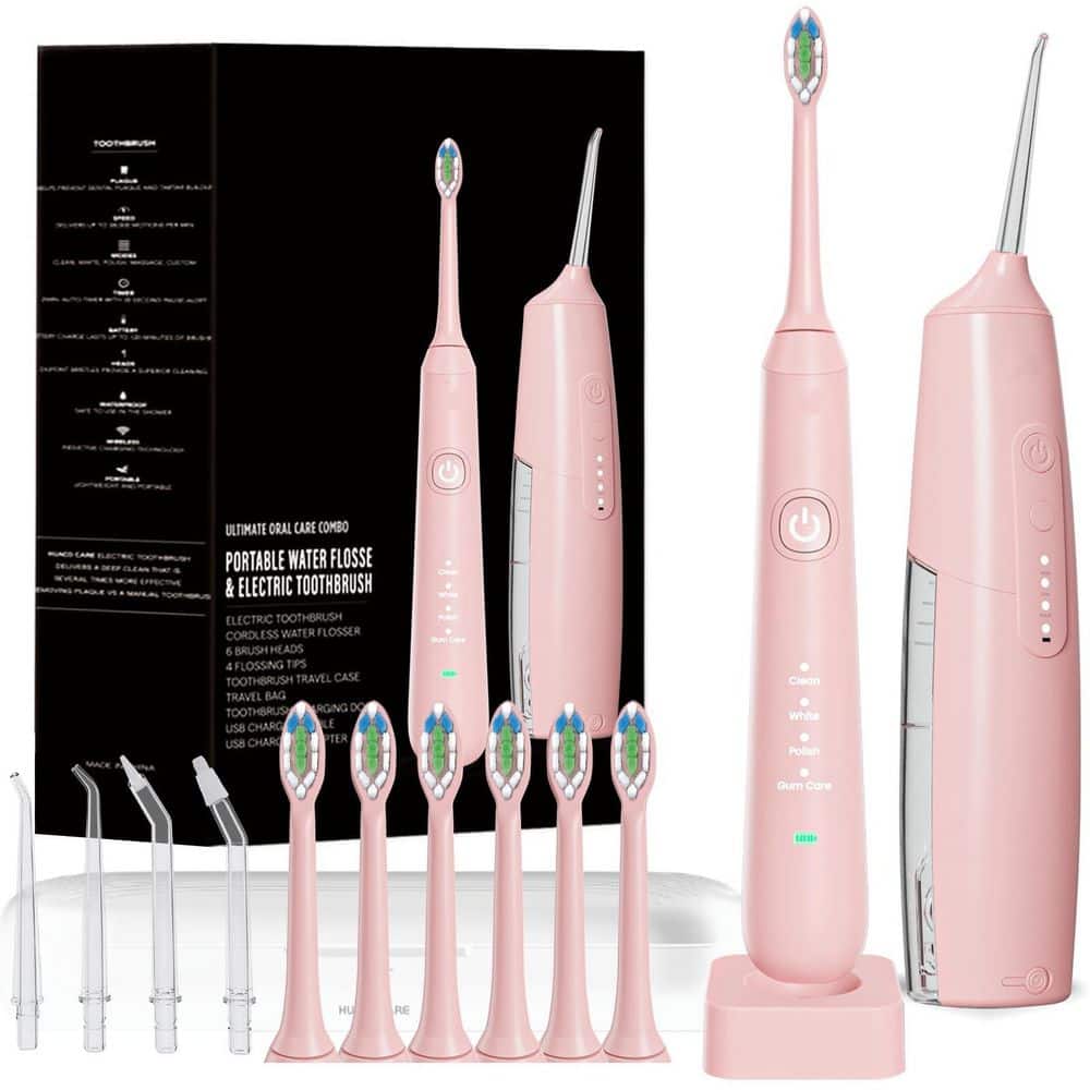 Wudkey 1-Piece Bathroom Accessory Set in Pink, 2-1 Oral Clean Kit, Water Dental Flosser and Electric Toothbrush Combo