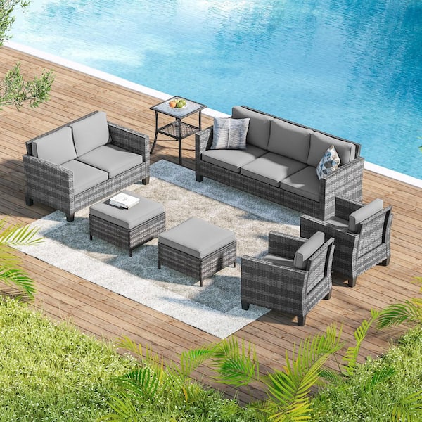 Sonkuki 7-Pieces Patio Conversation Set with Side Table, Outdoor Armchair and Ottomans Gray Wicker with Gray Cushions