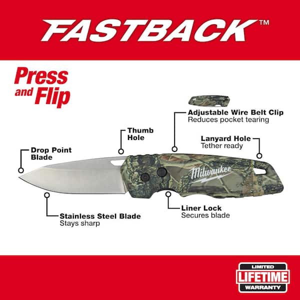 franja grieta Sierra Milwaukee FASTBACK Camo Stainless Steel Folding Knife with 2.95 in. Blade  48-22-1524 - The Home Depot
