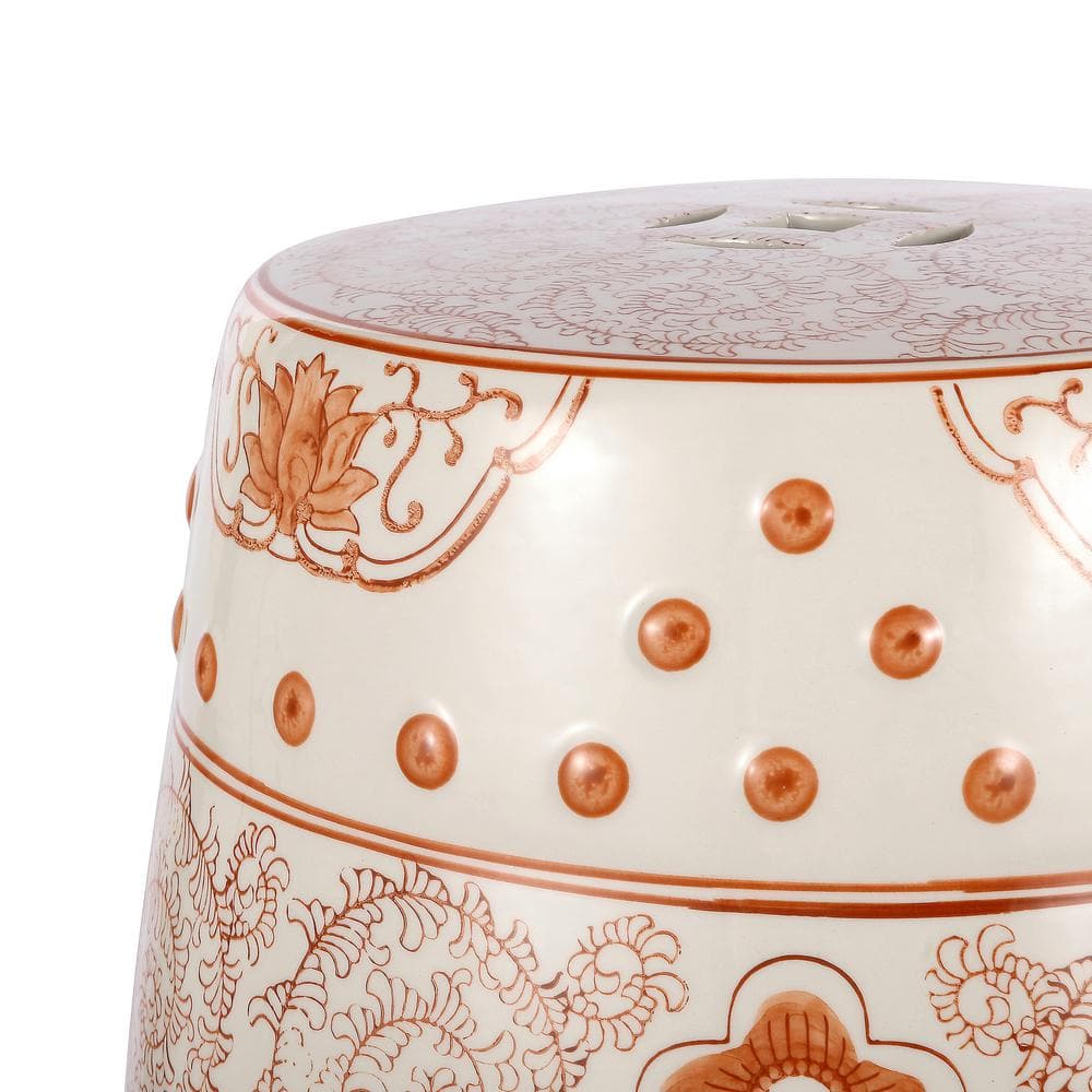 18" Orange and White Ceramic Chinoiserie Drum Garden Stool