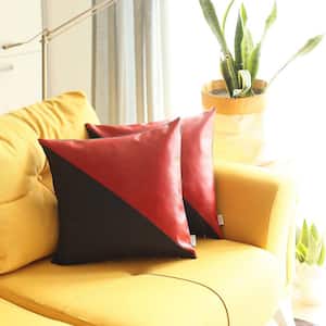 Boho-Chic Handcrafted Vegan Faux Leather Black and Red 18 in. x 18 in. Square Solid Throw Pillow Cover Set of 2