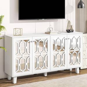TV Stand Fits TV's up to 70 in. with Adjustable Shelves, 4-Door Mirror Hollow-Carved for Living Room, White