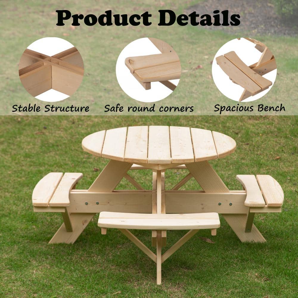 Natural Wood Round Kids Picnic Table with Benches