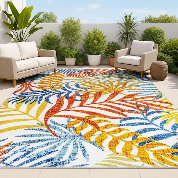 Tropics Palm Leaves Cream/Orange 4 ft. x 6 ft. Indoor/Outdoor Area Rug