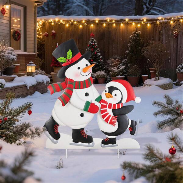 Glitzhome 32 in. H Christmas Metal Skiing Snowman and Penguin Yard