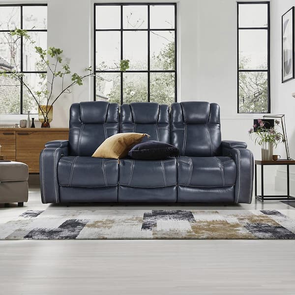 Lazzara Lafael 84 in. W Straight Arm Leather Rectangle Power Double Reclining Sofa with Power Headrests and Storage Arms in Blue