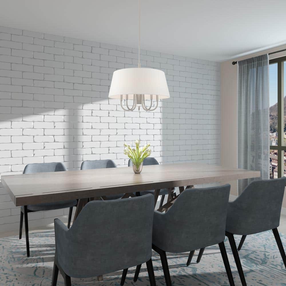 Belclaire 6-Light Brushed Nickel Pendant with Off-White Drum Shade