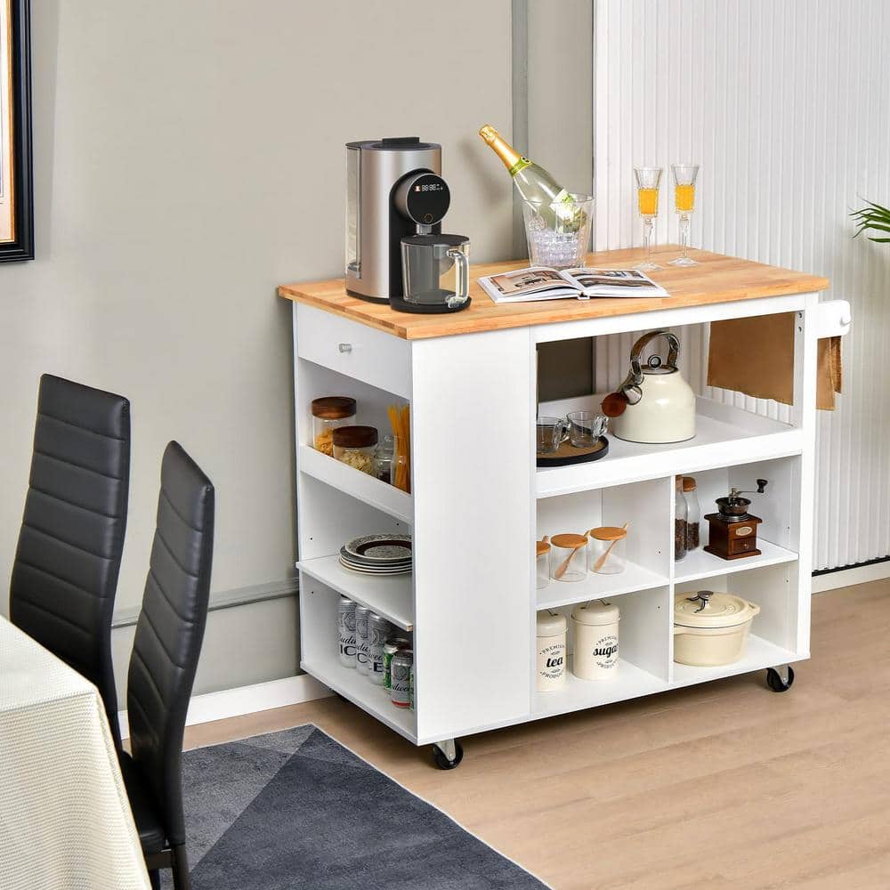 Gymax Folding Sewing Table Shelves Storage Cabinet Craft Cart W/Wheels  Large White/Natural