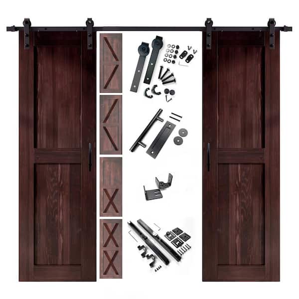 HOMACER 26 in. x 80 in. 5-in-1 Design Red Mahogany Double Pine Wood Interior Sliding Barn Door with Hardware Kit, Non-Bypass