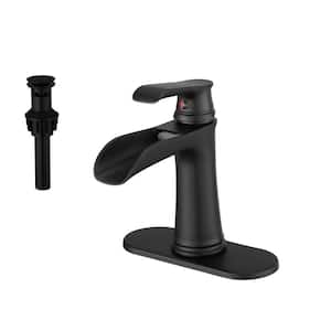Single Handle Single Hole Bathroom Faucet with Deckplate and Pop-Up Drain Brass Waterfall Sink Basin Taps in Matte Black