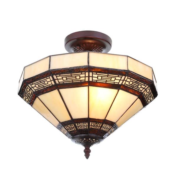 Hampton Bay Addison 13.5 in. 2-Light Oil Rubbed Bronze Semi-Flush Mount with Tiffany Style Stained Glass Shade