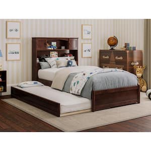 Hadley Walnut Brown Solid Wood Frame Twin Platform Bed with Panel Footboard and Twin Trundle