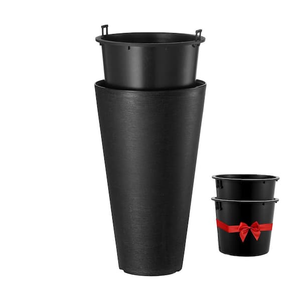 Set of 2-24 in. Tall Planters. Black Round Large Planters 14 in. Patio-Tall Taper Flower and Tree Plant Pots Plastic
