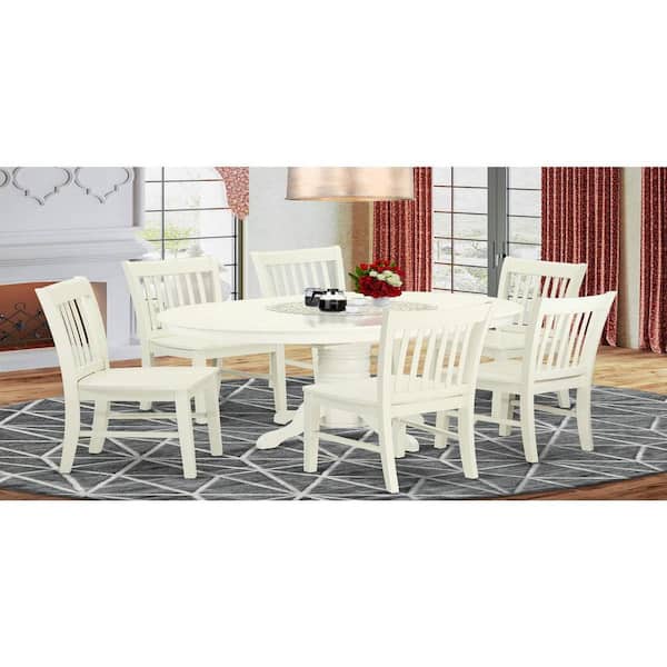 7-Piece Linen White Finish Solid Wood Top Dining Table with 6 Chairs with Lattice Back