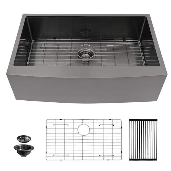 33 x 21 in. Black Farmhouse/Apron-Front Kitchen Sink Single Bowl 16-Guage Stainless Steel Sink with Accessories