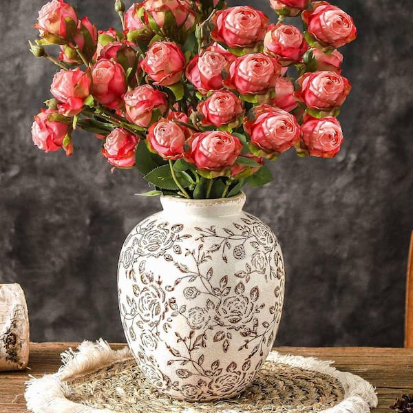7.9 in. Brown Round Ceramic Retro Floral Vases Rustic Decorative