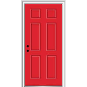 36 in. x 80 in. 6-Panel Right-Hand/Inswing Red Saffron Fiberglass Prehung Front Door with 4-9/16 in. Jamb Size