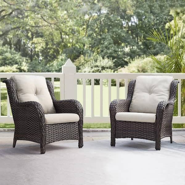 Gymojoy Carolina Brown Wicker Outdoor Patio Lounge Chair with CushionGuard  Beige Cushion (2-Pack）