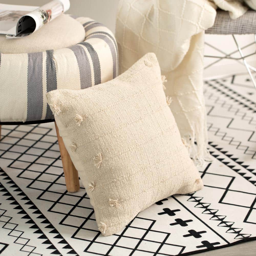 Handwoven Boho-Chic Cotton 17" Throw Pillow Cover with Drawstring