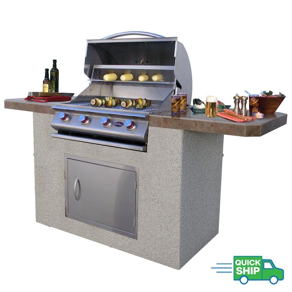 Cal Flame 7 ft. Stucco and Tile BBQ Island with 4-Burner Grill in Stainless steel