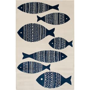 Patio Brights Snow/Sapphire 8 ft. x 10 ft. Friendly Fish Polypropylene Indoor/Outdoor Area Rug