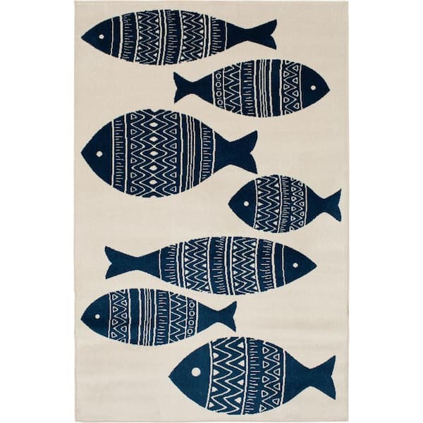 Patio Brights Snow/Sapphire 8 ft. x 10 ft. Friendly Fish Polypropylene Indoor/Outdoor Area Rug
