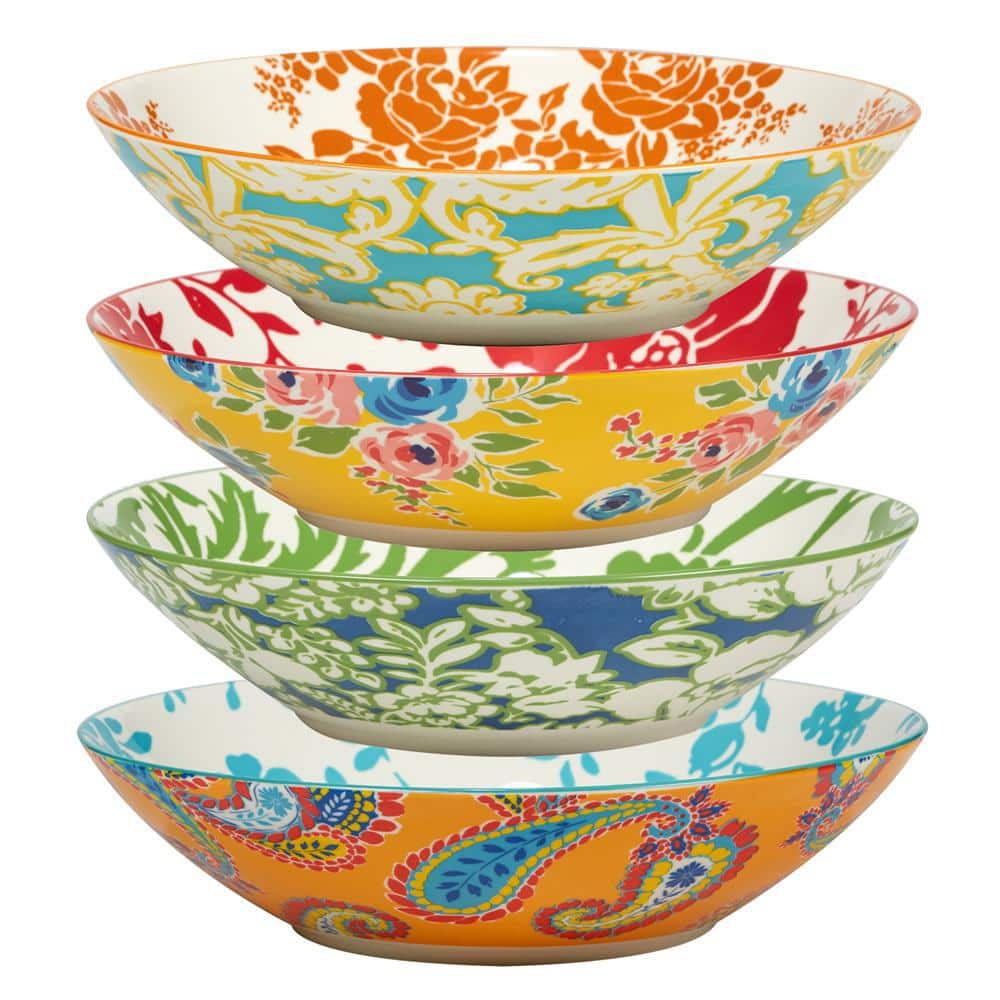 Set of 4 Multicolor Ceramic Floral Soup Bowls