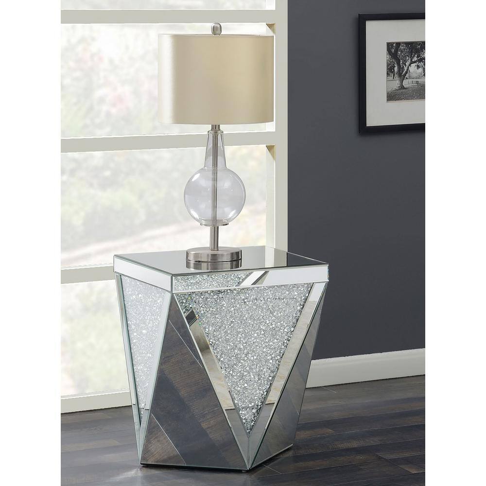 Contemporary Silver Mirrored Square End Table with Triangular Detailing